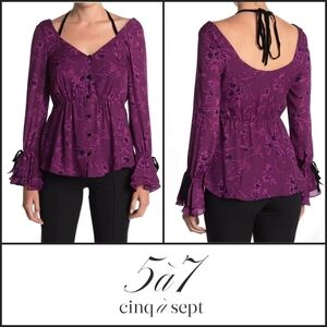 Cinq a Sept Mabel Raspberry Floral Print Velvet Tie Back Peplum Blouse